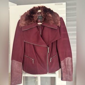 BCBGMaxAzria Burgundy Leather Jacket with Faux Fur Collar women Sz L